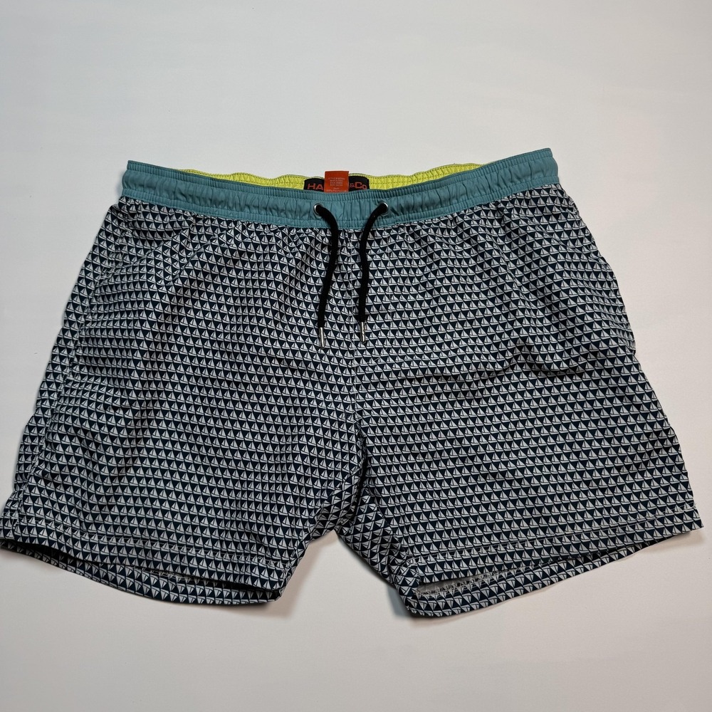 Hawke & Co Swim Trunks Mens 34‎ Blue Geometric Sailboat Elastic Waist Mesh Lined